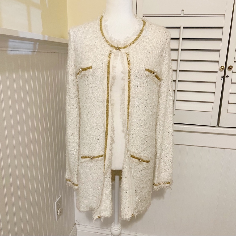 Midnight Velvet Cream & Gold Sparkle Long Cardigan Sweater Size Medium